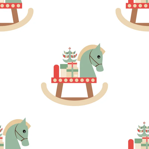 Χριστούγεννα Seamless Μοτίβο Χαριτωμένο Χριστούγεννα Χαρακτήρες Και Αντικείμενα Ξύλινο Άλογο Royalty Free Διανύσματα Αρχείου