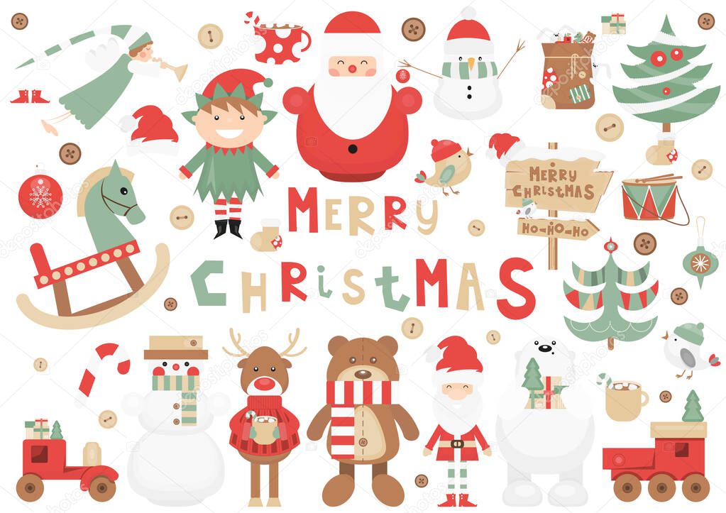 Funny Christmas Characters Set. Cute Santa, Reindeer, Snowman, Bear, Wooden Toys, Christmas Trees. Isolated on White background. Vector illustration.