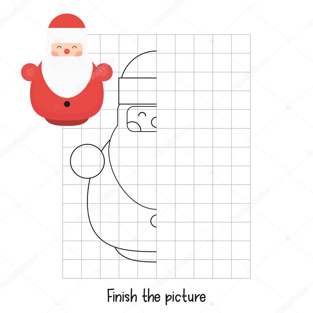Finish the Picture - Santa Claus. Christmas Logic games for Preschool, Kindergarten, School. Coloring page. Vector illustration.