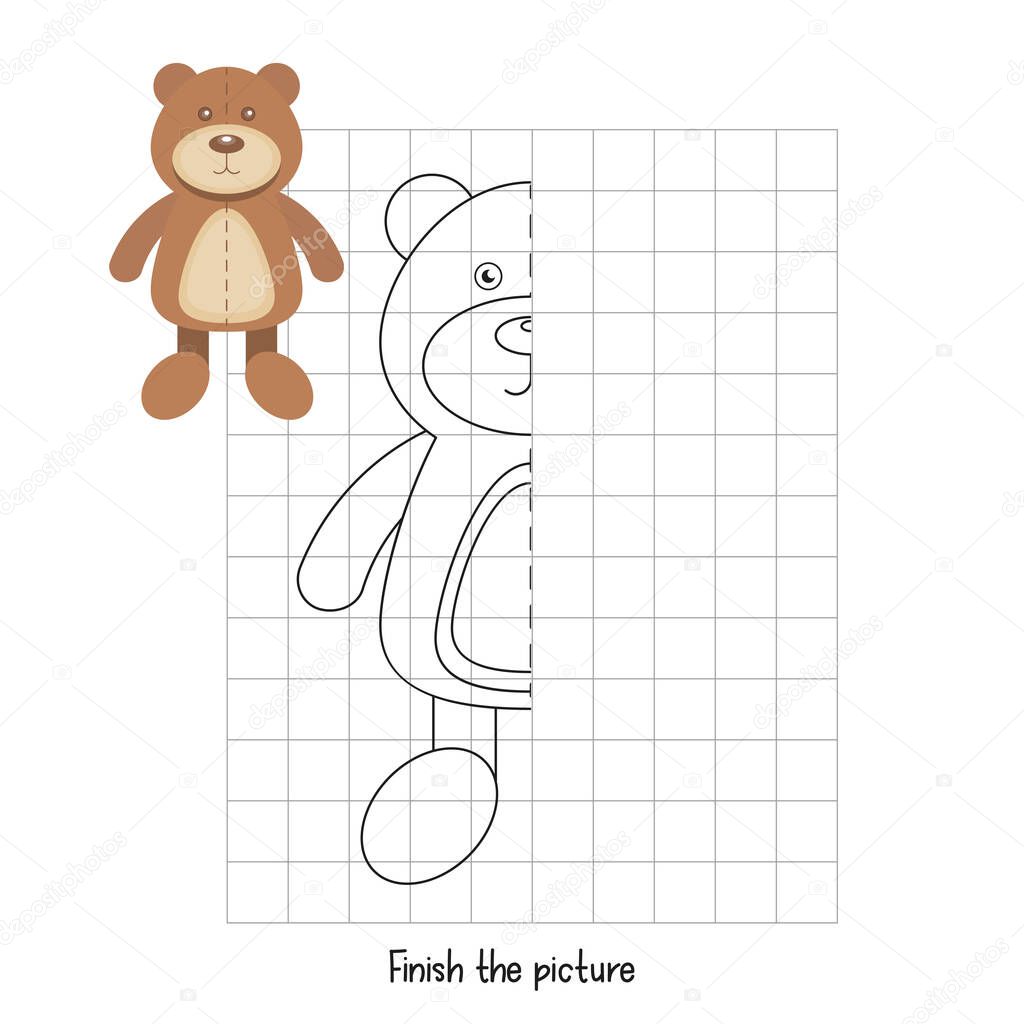 Finish the Picture - Bear Toy. Logic games for Preschool, Kindergarten, School. Coloring page. Vector illustration.