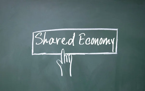 Dedo clique símbolo economia compartilhada no quadro negro — Fotografia de Stock