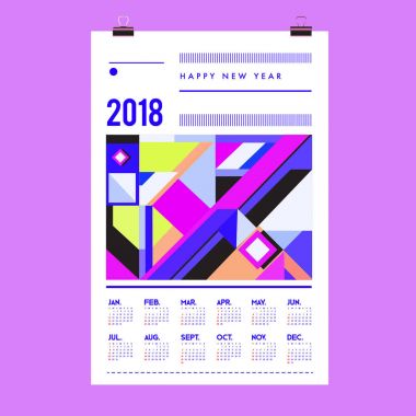 Yeni yıl 2018 takvim kapak şablonu. Takvim ve Poster Tasarımı renkli Memphis tarzı arka plan ile.