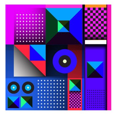 Trendy geometrik öğeleri memphis tasarımı renkli ve parlak. Retro 90s doku, desen ve öğeleri tarzı. Modern arka plan tasarımı ve kapak şablonu.