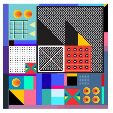 Trendy geometrik öğeleri memphis tasarımı renkli ve parlak. Retro 90s doku, desen ve öğeleri tarzı. Modern arka plan tasarımı ve kapak şablonu