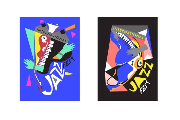 Colorato Festival Internazionale Jazz Musicisti Cantanti Strumenti Musicali Poster Set — Vettoriale Stock