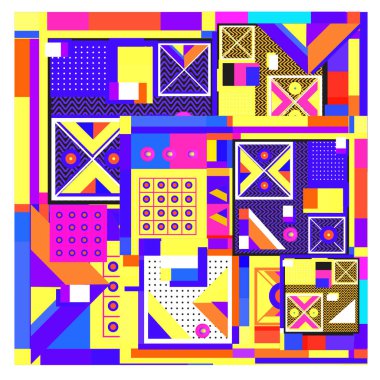 Trendy geometrik öğeleri memphis tasarımı renkli ve parlak. Retro 90s doku, desen ve öğeleri tarzı. Modern arka plan tasarımı ve kapak şablonu