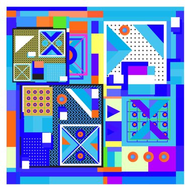 Trendy geometrik öğeleri memphis tasarımı renkli ve parlak. Retro 90s doku, desen ve öğeleri tarzı. Modern arka plan tasarımı ve kapak şablonu