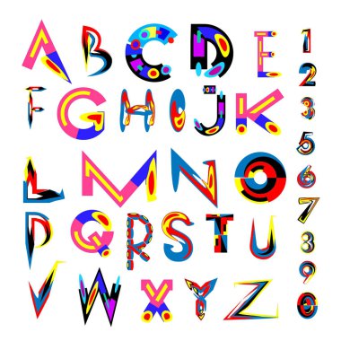 Vektör renkli alfabesi. Tasarım ve çizim şablonu için benzersiz yazı tipleri. Tipografi için poster ve başlık yayını.