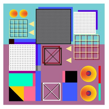 Trendy geometrik öğeleri memphis tasarımı renkli ve parlak. Retro 90s doku, desen ve öğeleri tarzı. Modern arka plan tasarımı ve kapak şablonu