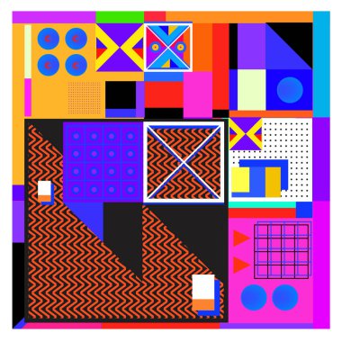 Trendy geometrik öğeleri memphis tasarımı renkli ve parlak. Retro 90s doku, desen ve öğeleri tarzı. Modern arka plan tasarımı ve kapak şablonu