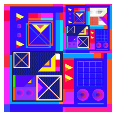 Trendy geometrik öğeleri memphis tasarımı renkli ve parlak. Retro 90s doku, desen ve öğeleri tarzı. Modern arka plan tasarımı ve kapak şablonu