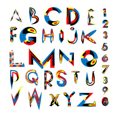 Vektör renkli alfabesi. Tasarım ve çizim şablonu için benzersiz yazı tipleri. Tipografi için poster ve başlık yayını.