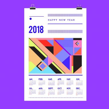 Yeni yıl 2018 takvim kapak şablonu. Takvim ve Poster Tasarımı renkli Memphis tarzı arka plan ile.