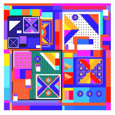 Trendy geometrik öğeleri memphis tasarımı renkli ve parlak. Retro 90s doku, desen ve öğeleri tarzı. Modern arka plan tasarımı ve kapak şablonu