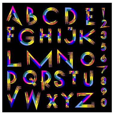 Vektör renkli alfabesi. Tasarım ve çizim şablonu için benzersiz yazı tipleri. Tipografi için poster ve başlık yayını.