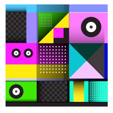 Trendy geometrik öğeleri memphis tasarımı renkli ve parlak. Retro 90s doku, desen ve öğeleri tarzı. Modern arka plan tasarımı ve kapak şablonu.