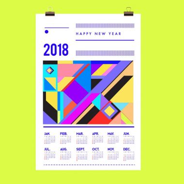 Yeni yıl 2018 takvim kapak şablonu. Takvim ve Poster Tasarımı renkli Memphis tarzı arka plan ile.