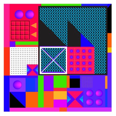Trendy geometrik öğeleri memphis tasarımı renkli ve parlak. Retro 90s doku, desen ve öğeleri tarzı. Modern arka plan tasarımı ve kapak şablonu