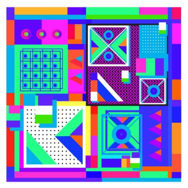 Trendy geometrik öğeleri memphis tasarımı renkli ve parlak. Retro 90s doku, desen ve öğeleri tarzı. Modern arka plan tasarımı ve kapak şablonu