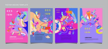 Soyut Modern oyuncak tasarım Festivali afiş. Yayınlar ve sunumlar düzenleri grafik şablonu ve Poster için fikirler. Vektör çizim karikatür Head 3d formları.