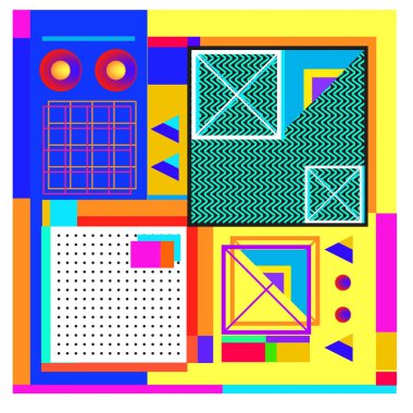 Trendy geometrik öğeleri memphis tasarımı renkli ve parlak. Retro 90s doku, desen ve öğeleri tarzı. Modern arka plan tasarımı ve kapak şablonu