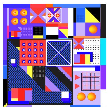 Trendy geometrik öğeleri memphis tasarımı renkli ve parlak. Retro 90s doku, desen ve öğeleri tarzı. Modern arka plan tasarımı ve kapak şablonu