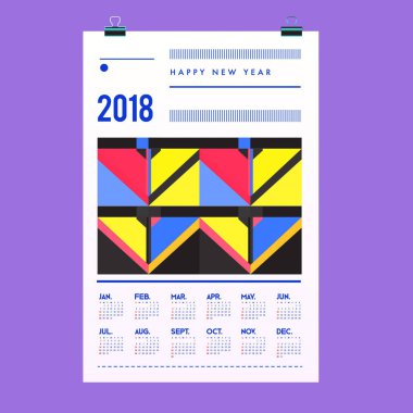 Yeni yıl 2018 takvim kapak şablonu. Takvim ve Poster Tasarımı renkli Memphis tarzı arka plan ile.
