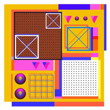 Trendy geometrik öğeleri memphis tasarımı renkli ve parlak. Retro 90s doku, desen ve öğeleri tarzı. Modern arka plan tasarımı ve kapak şablonu