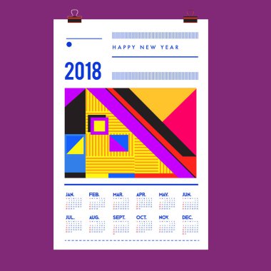 Yeni yıl 2018 takvim kapak şablonu. Takvim ve Poster Tasarımı renkli Memphis tarzı arka plan ile.