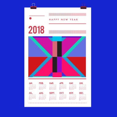 Yeni yıl 2018 takvim kapak şablonu. Takvim ve Poster Tasarımı renkli Memphis tarzı arka plan ile.