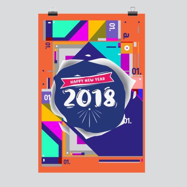 Mutlu yeni yıl 2018 renkli soyut tasarım, takvim ve tebrik kartı için vektör öğeleri.