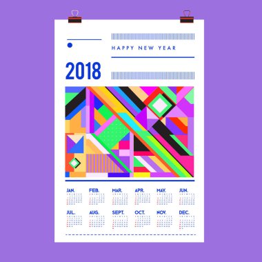 Yeni yıl 2018 takvim kapak şablonu. Takvim ve Poster Tasarımı renkli Memphis tarzı arka plan ile.