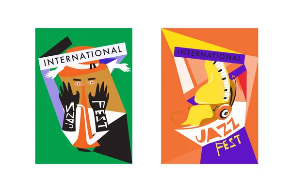 Festival Internacional Jazz Colorido Músicos Cantores Instrumentos Musicais Poster Set — Vetor de Stock