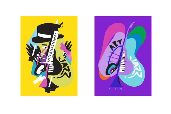 Festival International Jazz Coloré Musiciens Chanteurs Instruments Musique Poster Set — Image vectorielle