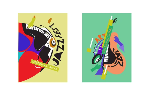 Festival International Jazz Coloré Musiciens Chanteurs Instruments Musique Poster Set — Image vectorielle