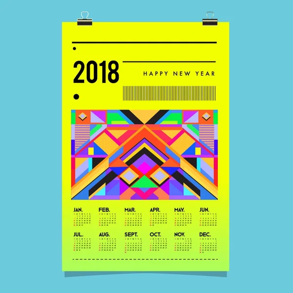 Yeni yıl 2018 takvim kapak şablonu. Takvim ve Poster Tasarımı renkli Memphis tarzı arka plan ile.