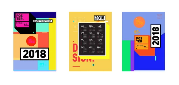 新年2018日历封面模板 丰富多彩的孟菲斯风格背景的日历和海报设计 — 图库矢量图片