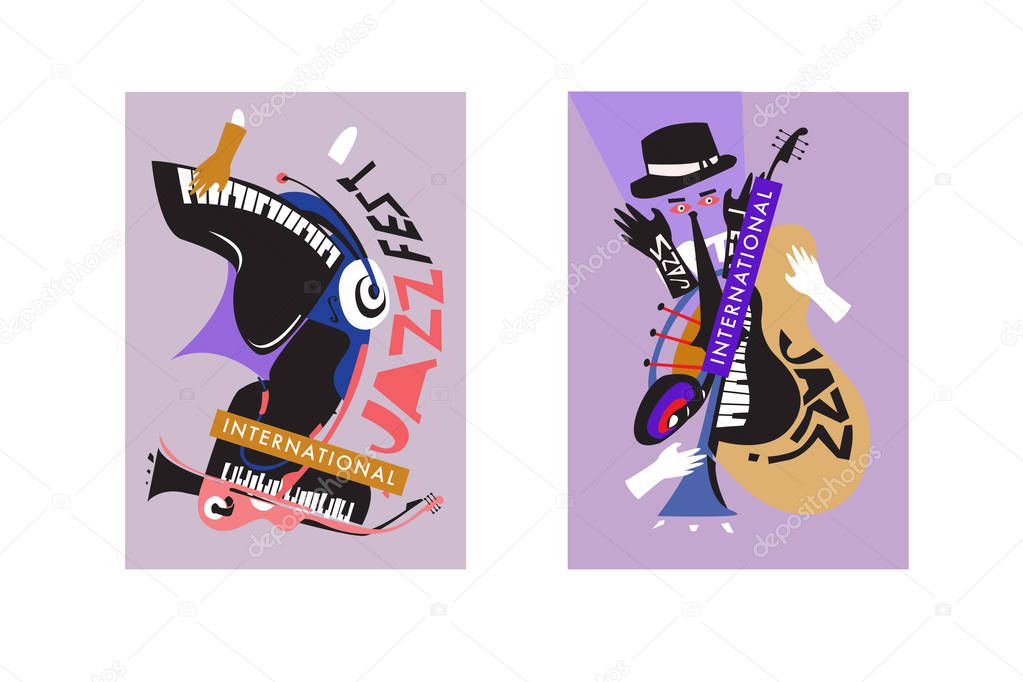 Colorful international jazz festival. Musicians, singers and musical instruments poster set flat vector illustration. Poster template for jazz and music events.