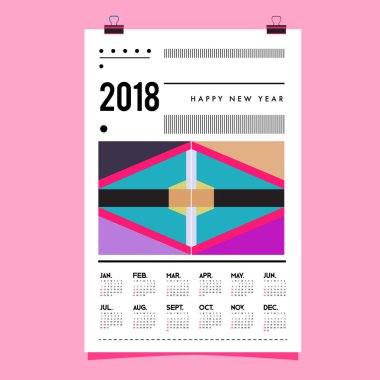 Yeni yıl 2018 takvim kapak şablonu. Takvim ve Poster Tasarımı renkli Memphis tarzı arka plan ile.