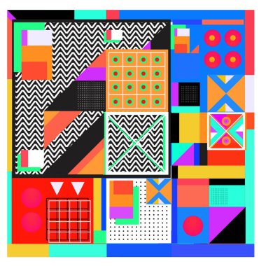 Trendy geometrik öğeleri memphis tasarımı renkli ve parlak. Retro 90s doku, desen ve öğeleri tarzı. Modern arka plan tasarımı ve kapak şablonu