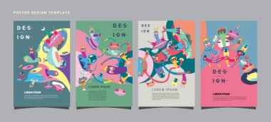 Soyut Modern oyuncak tasarım Festivali afiş. Yayınlar ve sunumlar düzenleri grafik şablonu ve Poster için fikirler. Vektör çizim karikatür Head 3d formları.