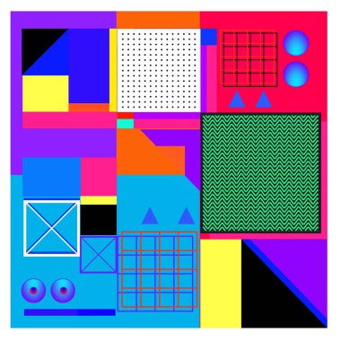 Trendy geometrik öğeleri memphis tasarımı renkli ve parlak. Retro 90s doku, desen ve öğeleri tarzı. Modern arka plan tasarımı ve kapak şablonu