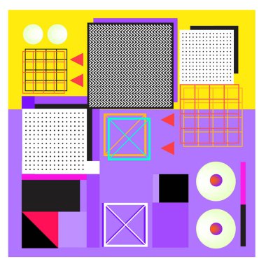 Trendy geometrik öğeleri memphis tasarımı renkli ve parlak. Retro 90s doku, desen ve öğeleri tarzı. Modern arka plan tasarımı ve kapak şablonu