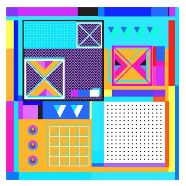Trendy geometrik öğeleri memphis tasarımı renkli ve parlak. Retro 90s doku, desen ve öğeleri tarzı. Modern arka plan tasarımı ve kapak şablonu