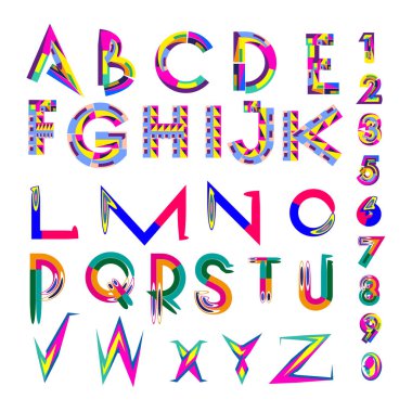 Vektör renkli alfabesi. Tasarım ve çizim şablonu için benzersiz yazı tipleri. Tipografi için poster ve başlık yayını.