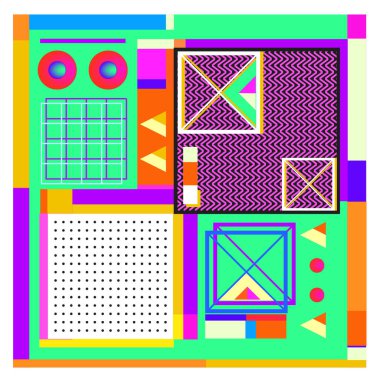 Trendy geometrik öğeleri memphis tasarımı renkli ve parlak. Retro 90s doku, desen ve öğeleri tarzı. Modern arka plan tasarımı ve kapak şablonu