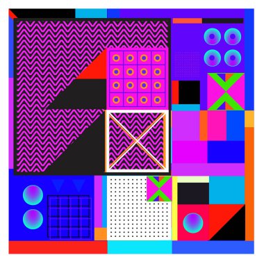 Trendy geometrik öğeleri memphis tasarımı renkli ve parlak. Retro 90s doku, desen ve öğeleri tarzı. Modern arka plan tasarımı ve kapak şablonu