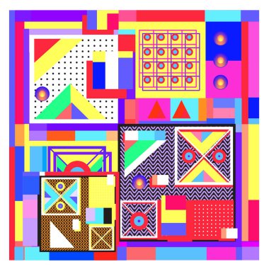 Trendy geometrik öğeleri memphis tasarımı renkli ve parlak. Retro 90s doku, desen ve öğeleri tarzı. Modern arka plan tasarımı ve kapak şablonu