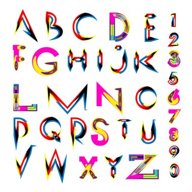 Vektör renkli alfabesi. Tasarım ve çizim şablonu için benzersiz yazı tipleri. Tipografi için poster ve başlık yayını.