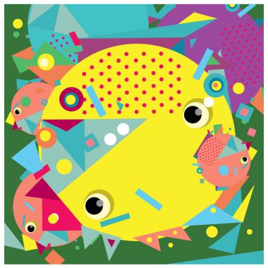 Vektör fraktal kumaş rasgele soyut renkli duvar kağıdı desen arka plan daireler. Balık karakter illüstrasyon retro tarzı ile